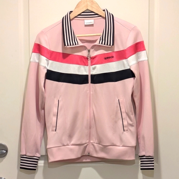 EUC Speedo M Pink Black and White Striped Athletic Sweater - Picture 1 of 7
